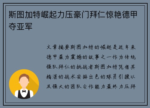 斯图加特崛起力压豪门拜仁惊艳德甲夺亚军