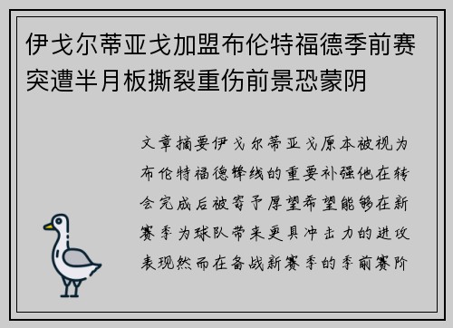伊戈尔蒂亚戈加盟布伦特福德季前赛突遭半月板撕裂重伤前景恐蒙阴 伊戈尔蒂亚戈加盟布伦特福德季前赛突遭半月板撕裂重伤前景恐蒙阴