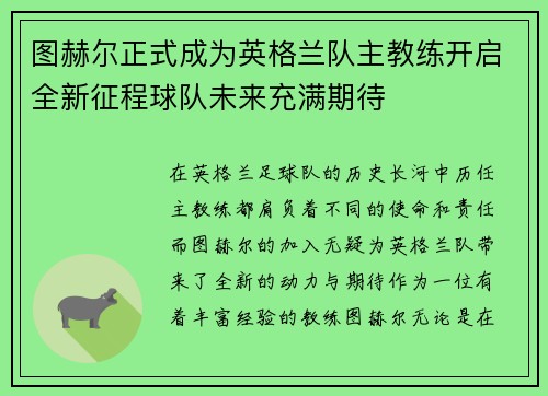 图赫尔正式成为英格兰队主教练开启全新征程球队未来充满期待