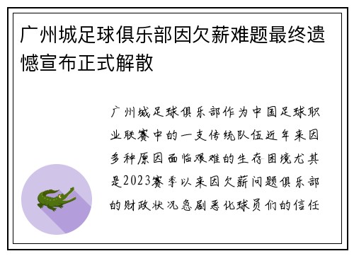 广州城足球俱乐部因欠薪难题最终遗憾宣布正式解散 广州城足球俱乐部因欠薪难题最终遗憾宣布正式解散